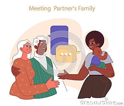 Meeting partner's family. Elderly couple embracing, introducing family Vector Illustration