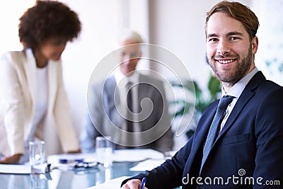 Meeting, portrait and loan for business, man and entrepreneur in bank for startup cashflow. Agreement, male person and Stock Photo