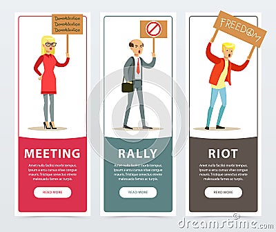 Meeting, rally, riot banners set, angry people with picket signs protesting flat vector elements for website or mobile Vector Illustration