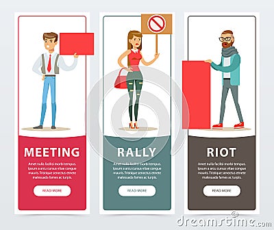 Meeting, rally, riot banners set, people with picket signs protesting Vector Illustration