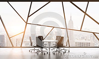 A meeting room in a bright contemporary panoramic office space with New York city view. The concept of highly professional financi Stock Photo