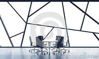 A meeting room in a bright contemporary panoramic office space with white copy space in the windows. The concept of highly profess Stock Photo