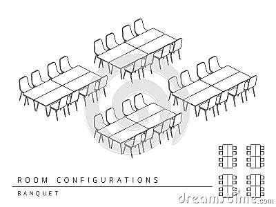 Meeting room setup layout configuration Banquet style Vector Illustration