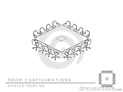 Meeting room setup layout configuration Conference Square Boardroom style, perspective 3d isometric with top view illustration Vector Illustration