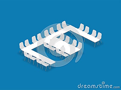 Meeting room setup layout configuration E Shape isometric style Vector Illustration