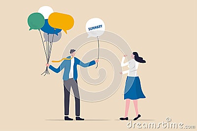 Meeting summary or conclusion, session or brainstorm recap and agreement concept, businessman holding group of speech bubble Vector Illustration