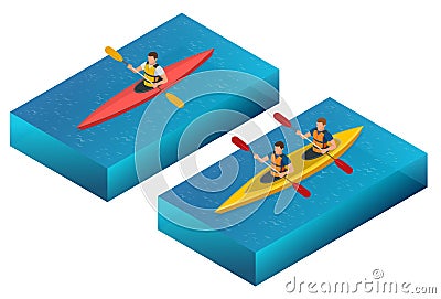 Meeting sunset on kayaks. Rear view of young couple kayaking on lake together with sunset in the backgrounds Vector Illustration