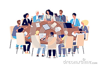 Meeting at table. People discussing ideas and problems in office. Teamwork, brainstorming and business conference vector Vector Illustration