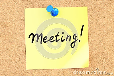 Meeting! Text on a sticky note pinned to a corkboard. 3D rendering Stock Photo