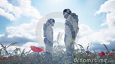 Meeting of two astronauts in love on an alien blooming planet. 3D Rendering. Stock Photo