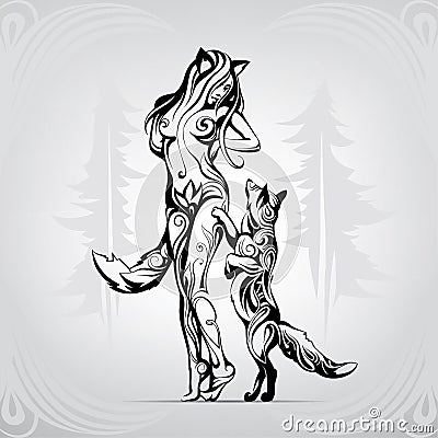 The meeting of two foxes in the woods. vector illustration Stock Photo