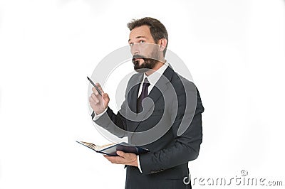 Before meeting write down information must convey and need ask. Businessman planning schedule hold notepad. Man bearded Stock Photo