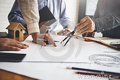 Meetings in home and property engineering companies of the group Stock Photo