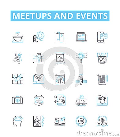 Meetups and events vector line icons set. Meetups, Events, Gatherings, Networking, Conventions, Seminars, Reunions Vector Illustration