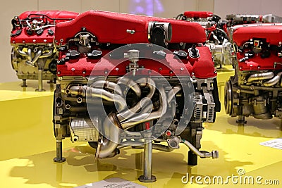 MEF Ferrari Museum Casa Enzo Ferrari, Ferrari engine detail with brand logo Editorial Stock Photo