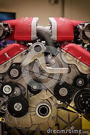 MEF Ferrari Museum Casa Enzo Ferrari, Ferrari engine detail with brand logo Editorial Stock Photo