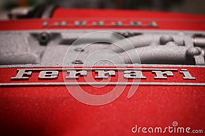 MEF Ferrari Museum Casa Enzo Ferrari, Ferrari engine detail with brand logo Editorial Stock Photo