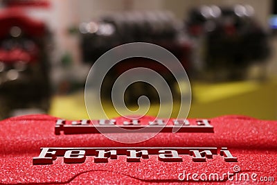 MEF Ferrari Museum Casa Enzo Ferrari, Ferrari engine detail with brand logo Editorial Stock Photo