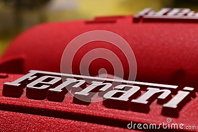 MEF Ferrari Museum Casa Enzo Ferrari, Ferrari engine detail with brand logo Editorial Stock Photo