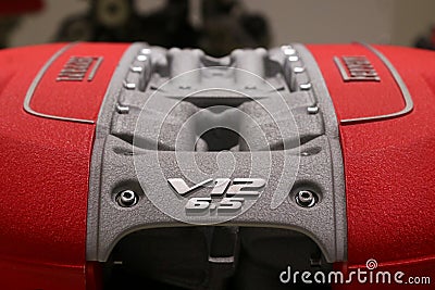 MEF Ferrari Museum Casa Enzo Ferrari, Ferrari engine detail with brand logo Editorial Stock Photo