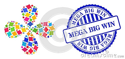 Mega Big Win Grunge Stamp and Playing Card Diamond Suit Multicolored Centrifugal Flower with 4 Petals Stock Photo