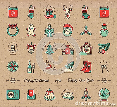 Mega Christmas icons set, Winter holiday symbols, Vintage retro style Vector Illustration