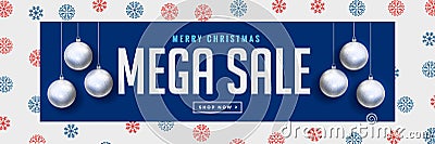 Mega christmas sale banner with silver hanging balls Vector Illustration