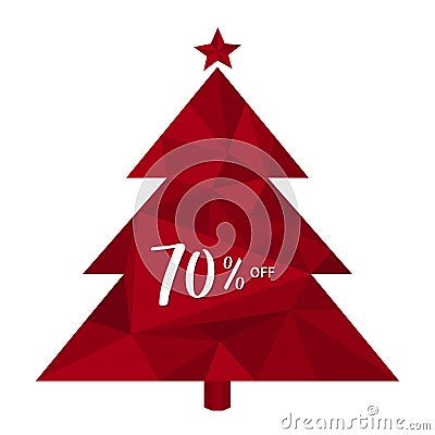 Mega Christmas Sale. 70 percent OFF discount on background of three-dimensional red Christmas Tree. Vector Illustration