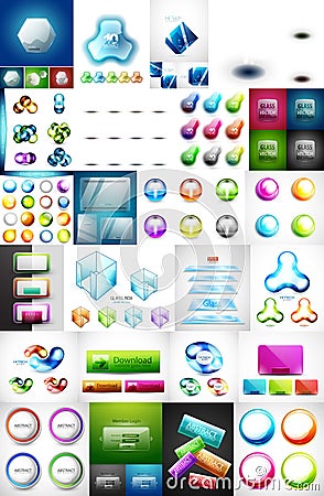 Mega collection of glass web banner plates, boxes buttons and sphere icons Stock Photo