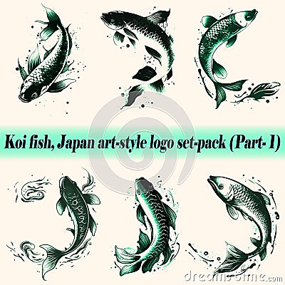 Mega collection set-pack Vector Koi fish Japan art-style logo, Drawing Elegant style Vector Illustration