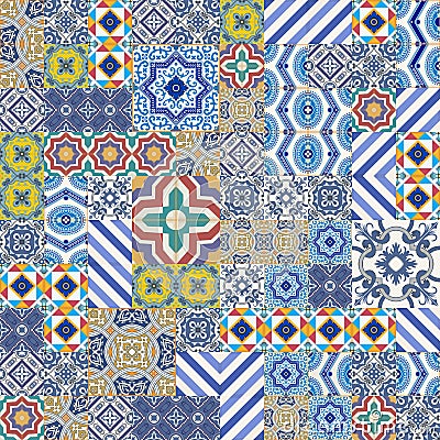 Mega Gorgeous seamless patchwork pattern from colorful Moroccan, Portuguese tiles, Azulejo, ornaments. Vector Illustration