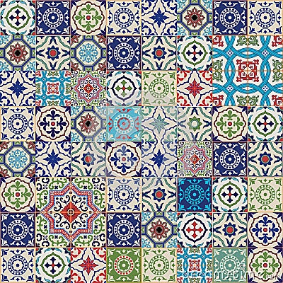 Mega Gorgeous seamless patchwork pattern from colorful Moroccan, Portuguese tiles, Azulejo, ornaments. Vector Illustration