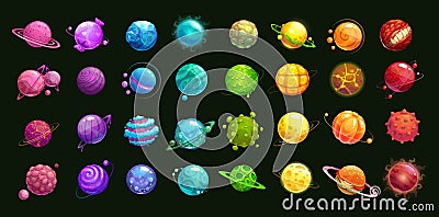 Mega huge pack of fantasy cartoon colorful planets. Vector Illustration