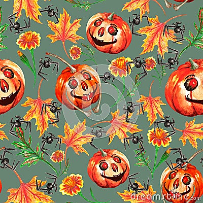 Halloween seamless pattern..An ordinary pumpkin with a carved cheerful smile. Jack`s lamp. Autumn background Stock Photo