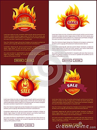 Mega Sale Burning Labels with Info About Discounts Vector Illustration