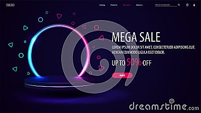 Mega sale, dark discount banner with offer and empty 3d podium with line gradient neon ring on background Vector Illustration