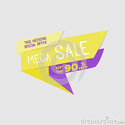 Mega Sale special offer banner, up to 90% off. Vector illustration. Colorful total sale sign.Red label. Icon for special offer. Sa Vector Illustration