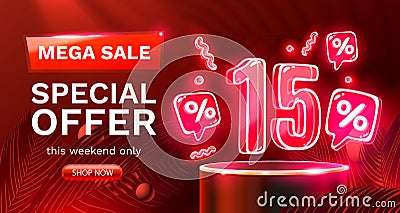 Mega sale special offer, Neon 15 off sale banner. Sign board promotion. Vector Vector Illustration