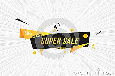 Mega Sale tag with 50 special offer on comic book background. Font inscription with loudspeaker. Flat Vector Illustration EPS10 Stock Photo