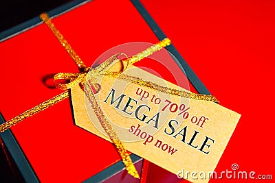 Label with text on the gift box. Stock Photo