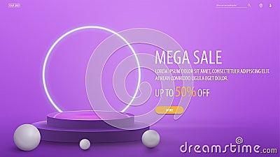 Mega sale, violet discount banner with offer and empty 3d podium with neon rings Vector Illustration