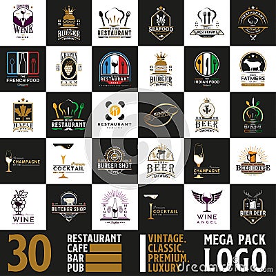 Mega Set and Big Group, Restaurant, Cafe, Bar, and Pub Logo Design. With Classic, Vintage, Premium, and Luxury Style Vector Illustration