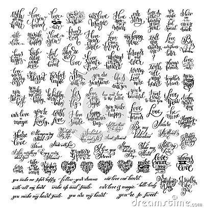 Mega set of 100 black and white hand written lettering about love Vector Illustration