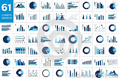 Mega set of charst, graphs. Blue color. Infographics business elements Vector Illustration