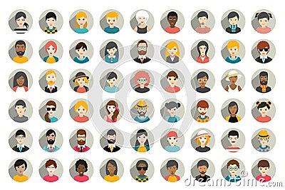 Mega set of circle persons, avatars, people heads different nationality in flat style. Vector Illustration