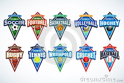 Mega set of colorful sports logos soccer, football, basketball, volleyball, hockey, rugby, tennis, waterpolo, cricket, baseball. Vector Illustration