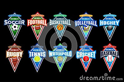 Mega set of colorful sports logos soccer, football, basketball, volleyball, hockey, rugby, tennis, waterpolo, cricket, baseball. Vector Illustration