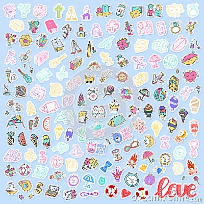 Mega Set of different element stickers, love, religion, travel patches and handwritten collection in cartoon style. Funny Vector Illustration