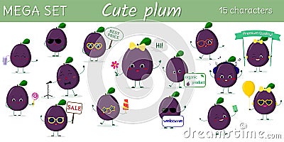 Mega set of fifteen cute kawaii ripe plum characters in various poses and accessories in cartoon style. Vector Vector Illustration