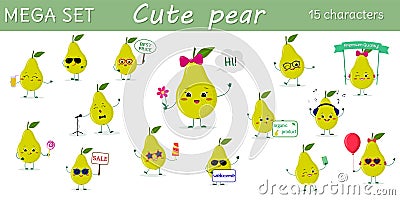 Mega set of fifteen pears a green character in different poses and accessories in cartoon style. Vector Illustration